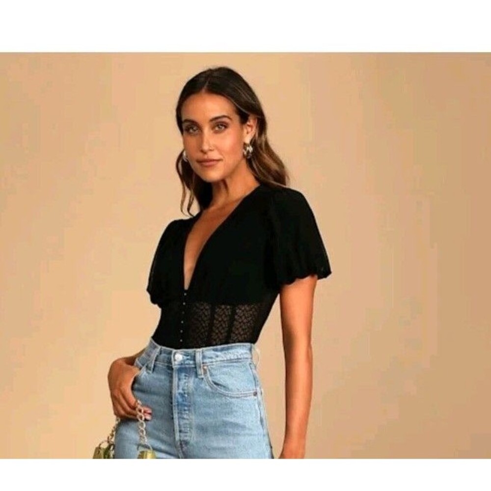 Lulus-Women's Mesh Puff Sleeve Bodysuit-Black/size Length: 21"​ Pit to pit 16 - Picture 2 of 15
